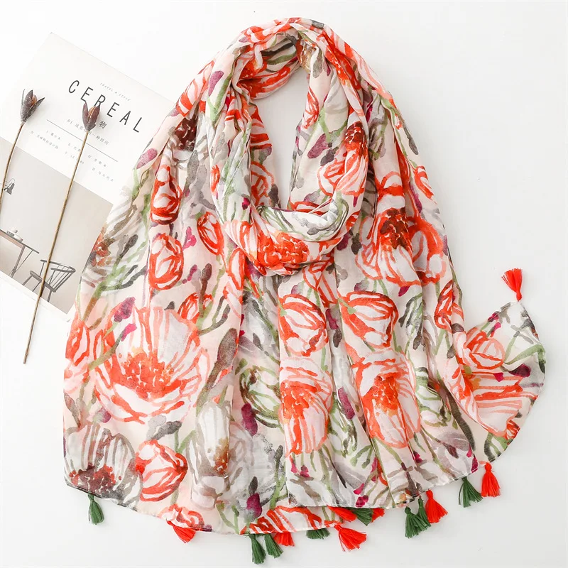 Autumn Fashion Lovely Polka Floral Thin Tassel Viscose Shawl Scarf Lady High Quality Wrap Pashmina Stole Bufandas Muslim Hijab