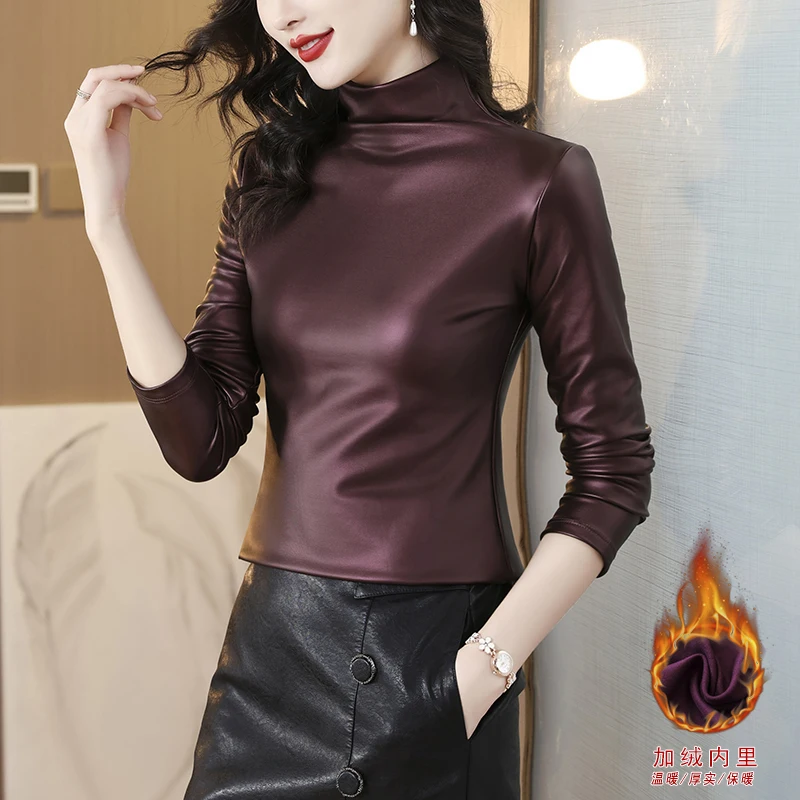 Winter Thick Warm Solid Base T-Shirt Women Velvet Half Turtleneck Bottoming Top Fashion Basic Long Sleeve Soft Elastic Tees