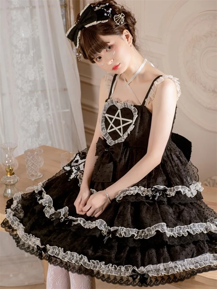 

Black Goth Lolita Jsk Dress Daily Loli Wear Clothes Lovely Suspender Jsk With Bowtail Vestido New Kawaii Summer Anime Girls