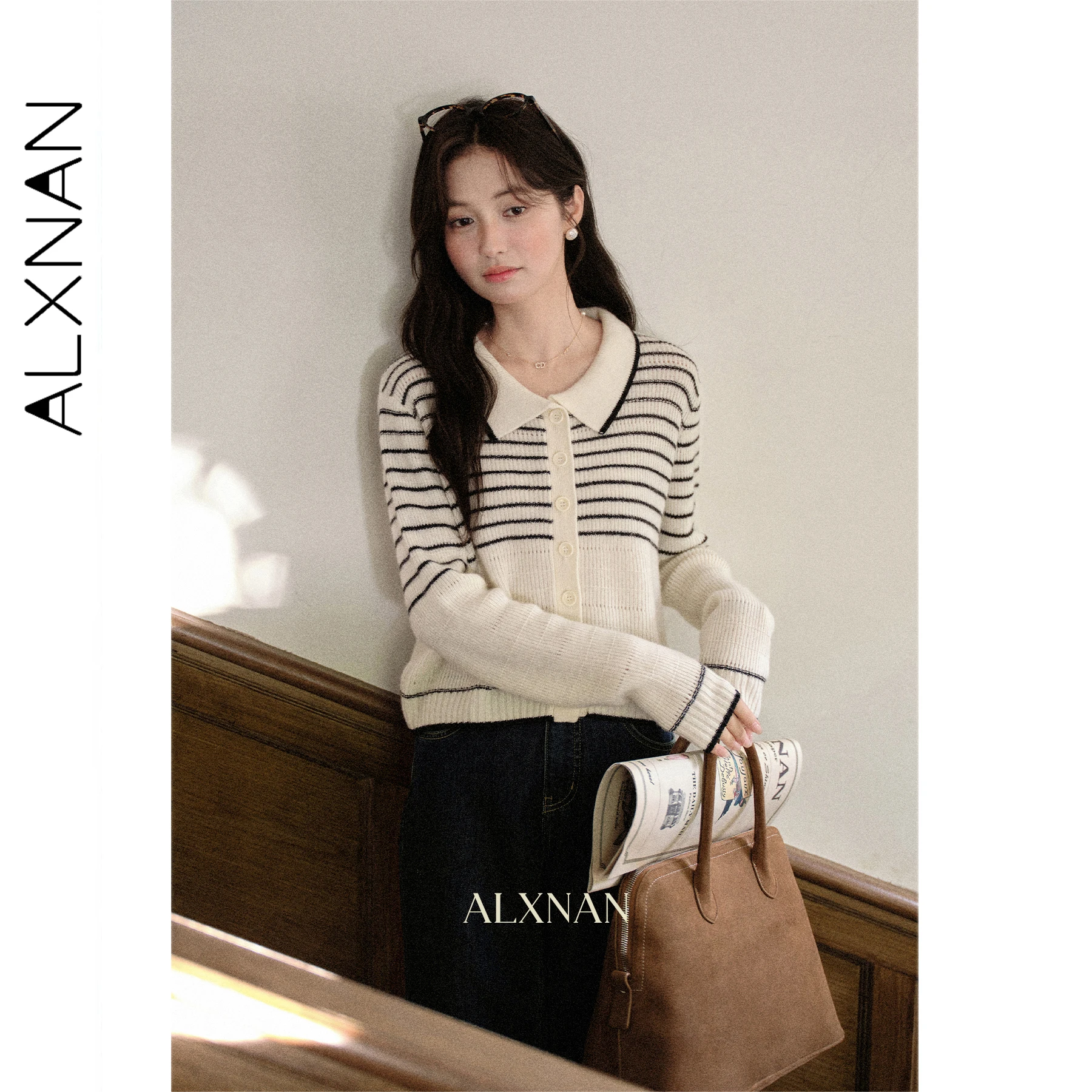 

ALXNAN Striped Cardigan 2025 Autumn Apricot Women's Wool Sweater Lapel Single-breasted Long Sleeve Knitted Tops Female L57001
