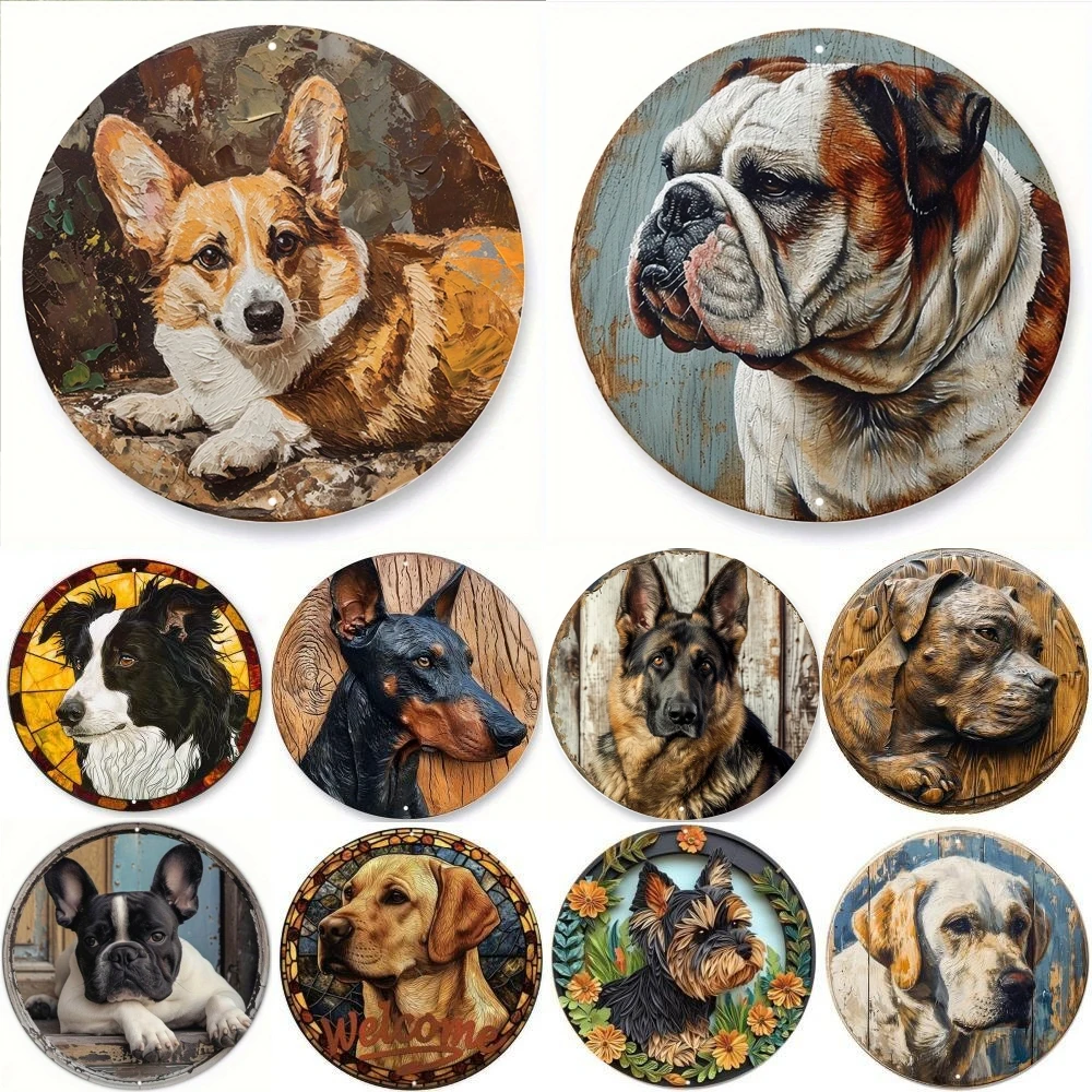 Cute Dog Wolfhound Theme Round Metal Aluminum Sign Art Desktop Decorative Plates for Bar Cafe Club Yard Home Office Wall Decor