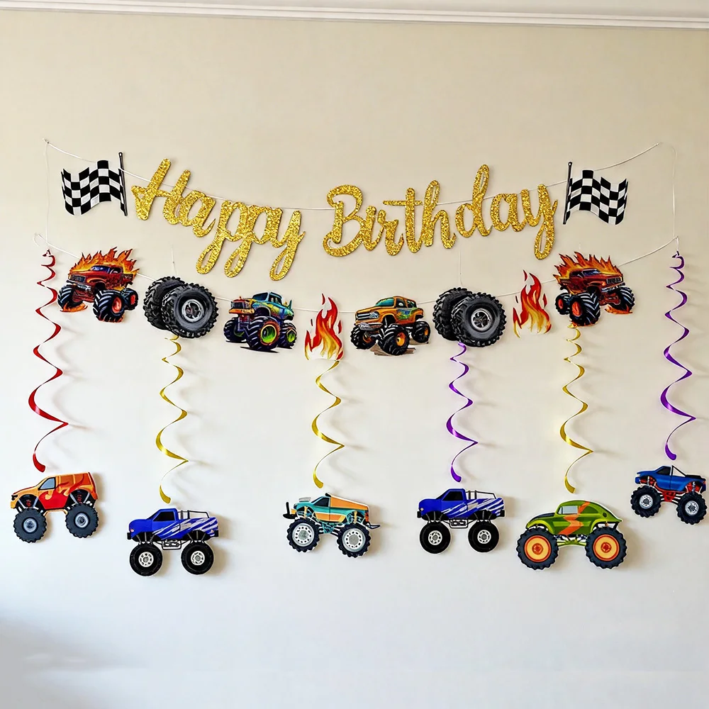 Monster Truck Party Dekorationsbanner Monster Truck Happy Birthday Girlande Banner Hängedekoration Jungen Rennwagen Party Dekoration