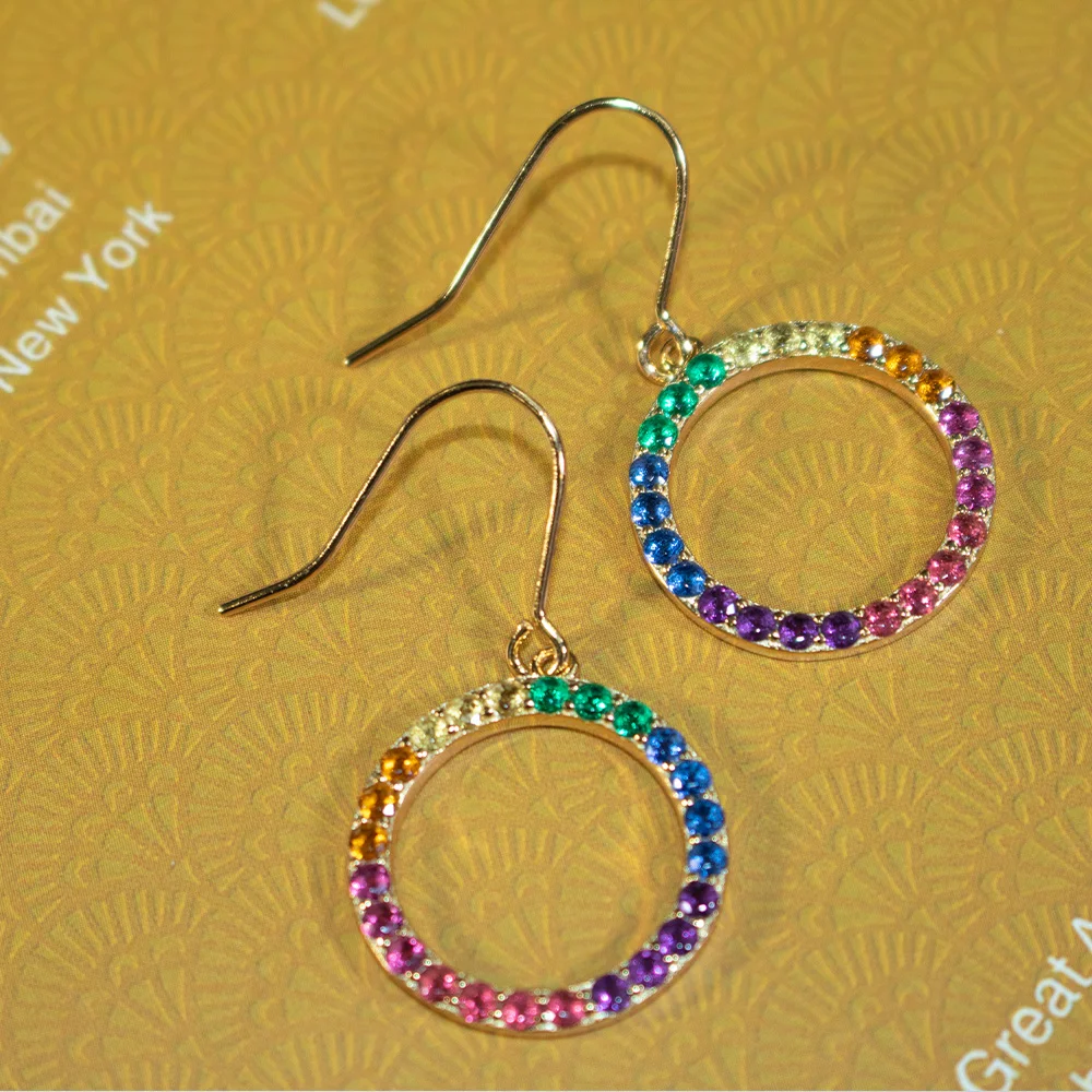 Multicolored Cubic Zirconia Round Drop Earring 14K Gold Plated Rainbow Drop Earrings