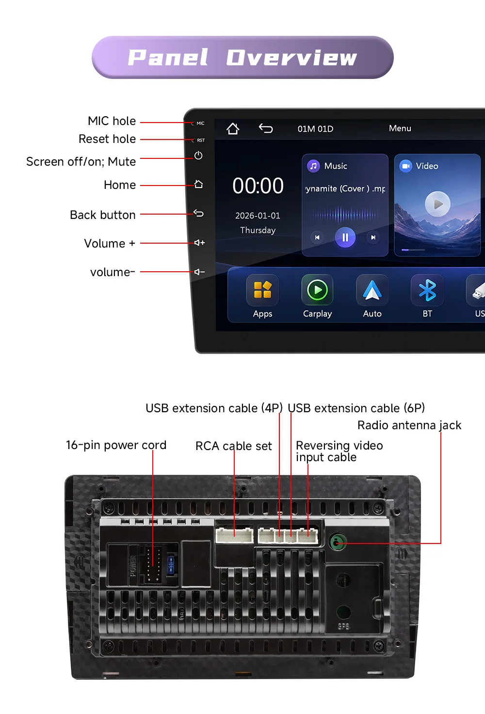 BQCC 9'' Universeller MP5 Auto-Player 1024*600 Kabelloses CarPlay Android Auto Unterstützt BT AUX FM AM Stereo Radio Multimedia-Haupteinheit – Detail 11