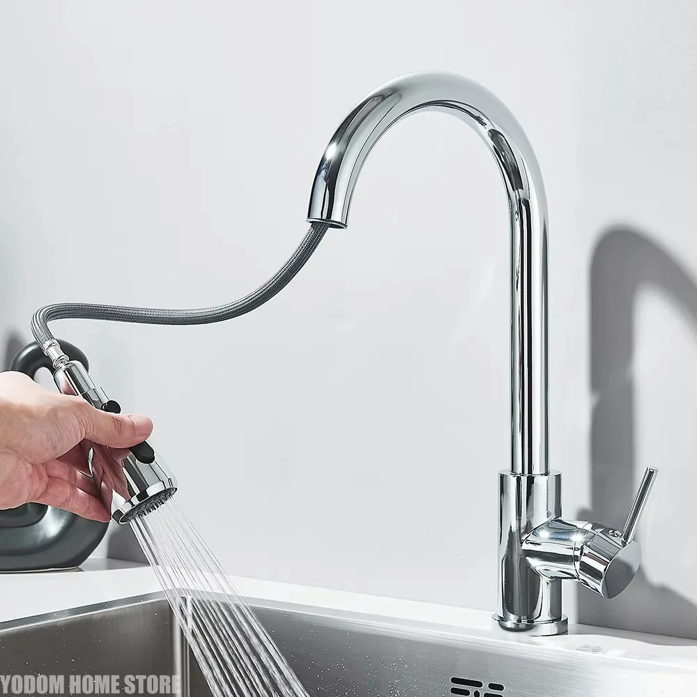 

Chrome Kitchen Faucet Deck Mounted Pull Out Spout Kitchen Sink Mixer Tap Single Level Stream Sprayer Nozzle Mixer Tap