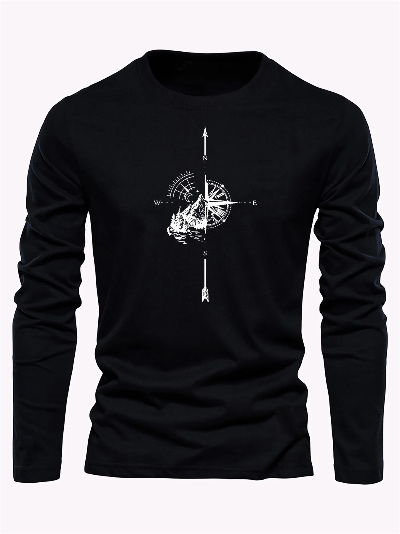 Men's 100% Cotton Compass Mountain Forest Graphic Print Crew Neck Long Sleeve Base T Shirt