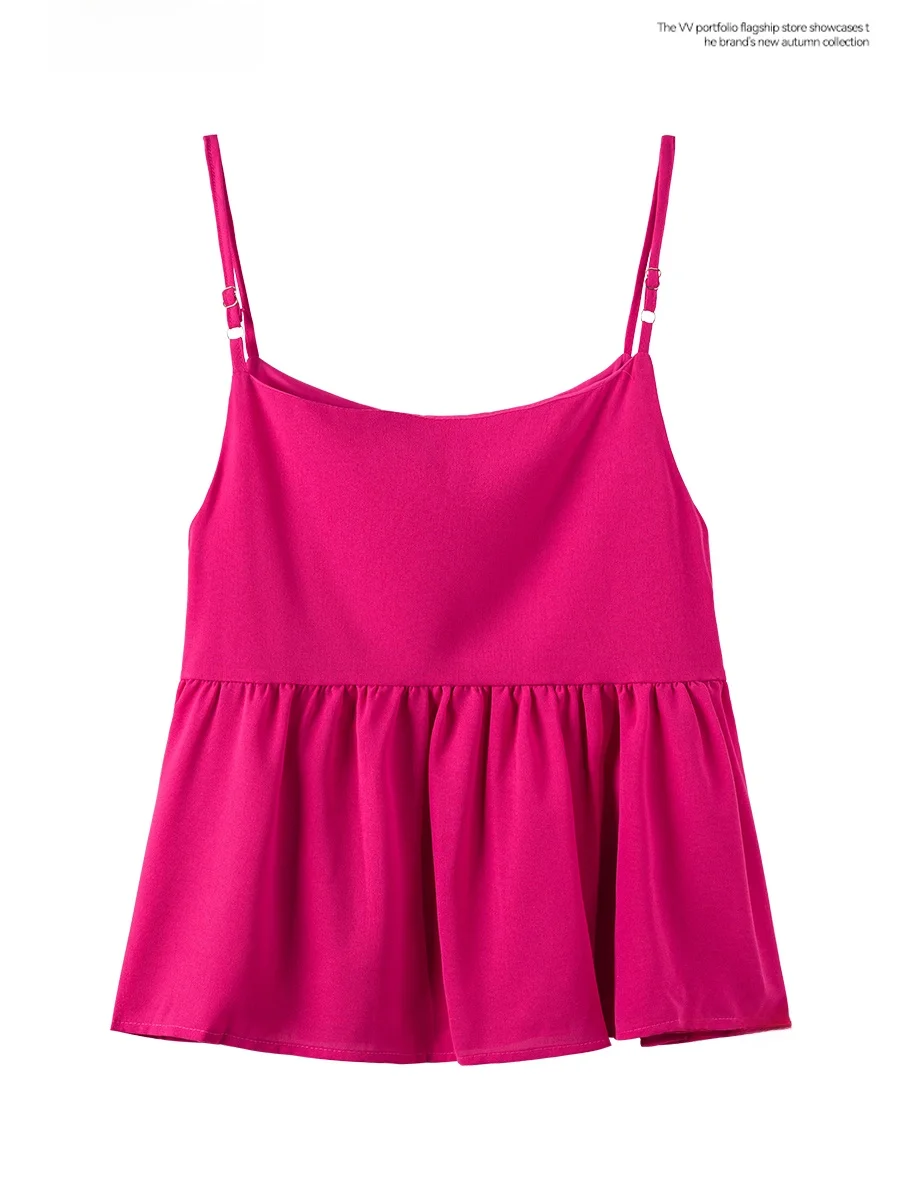 핫 핑크 스트랩 쉬폰 크롭 탑 여성 여름 새 스타일 도파민 패션 짧은 섹시한 탑 통근 스타일 솔리드 컬러