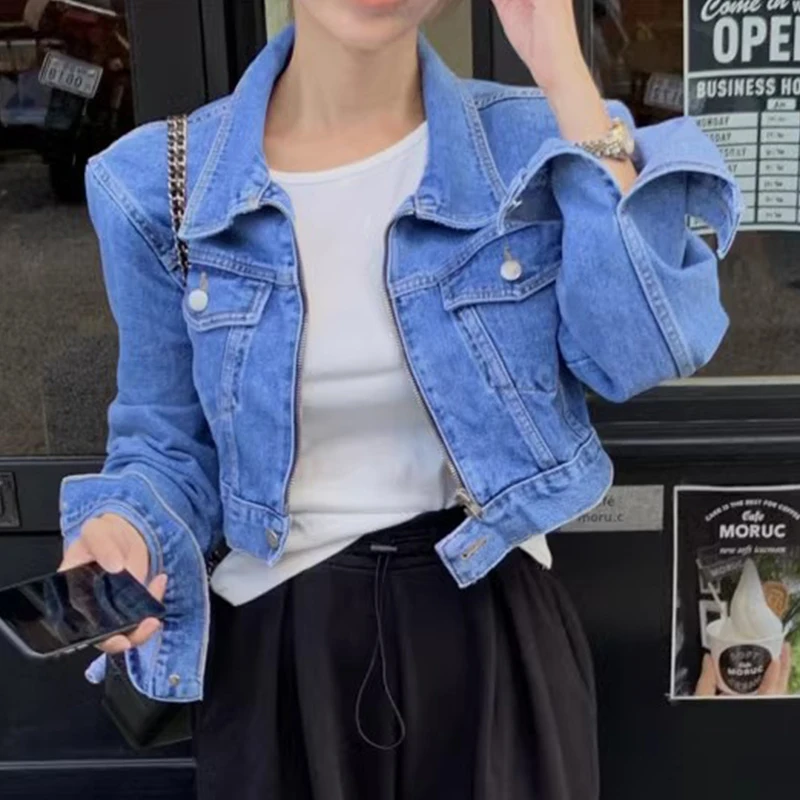 Chic Vintage Casual Loose Long Sleeve Collared Pocket Short Denim Jacket Women's Spring Fashion Commute Style Single Piece