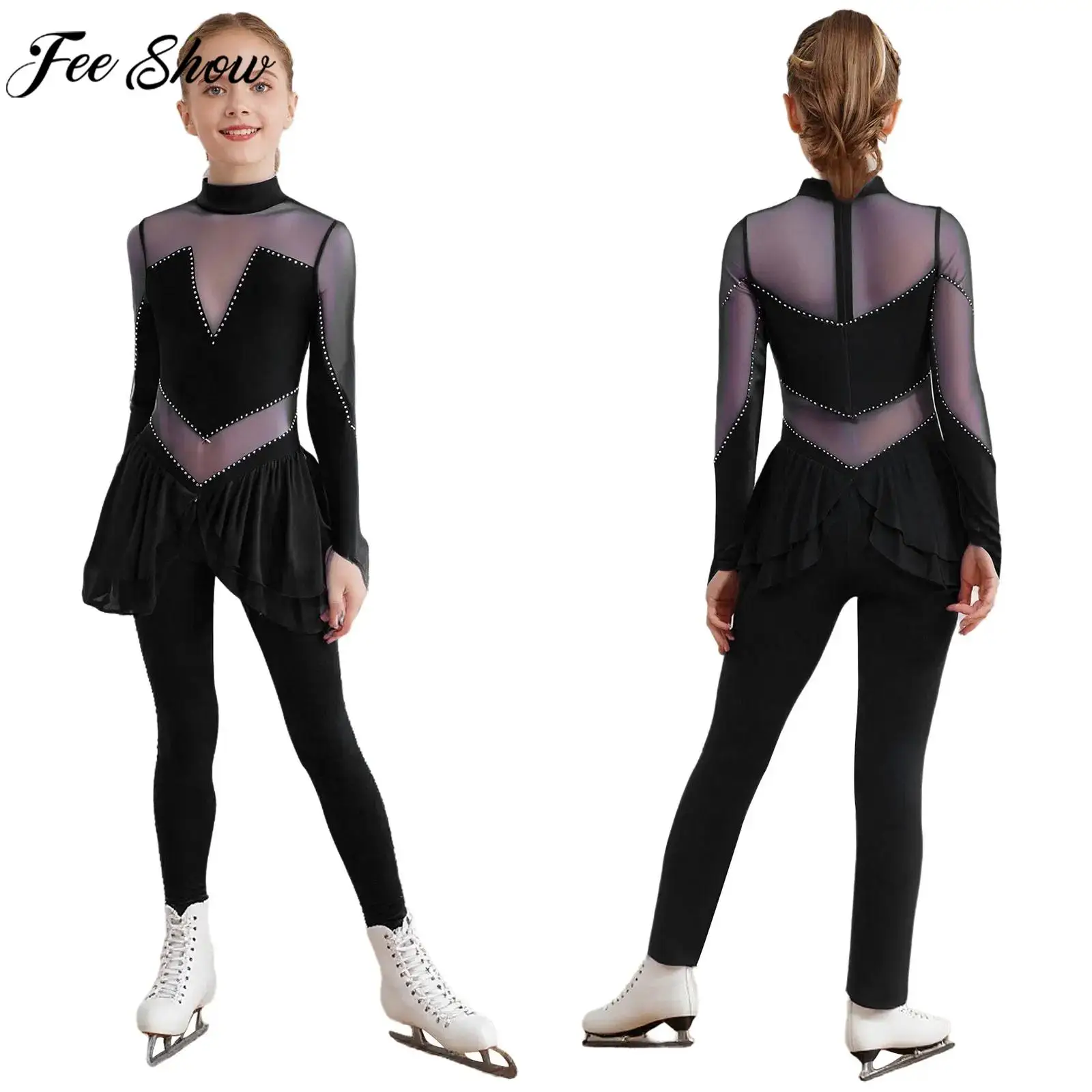 Kids Girls Figure Skating Ballet Dance Gymnastics Acrobatics Leotard Long Sleeve Sheer Mesh Shiny Rhinestones Jumpsuit Dancewear