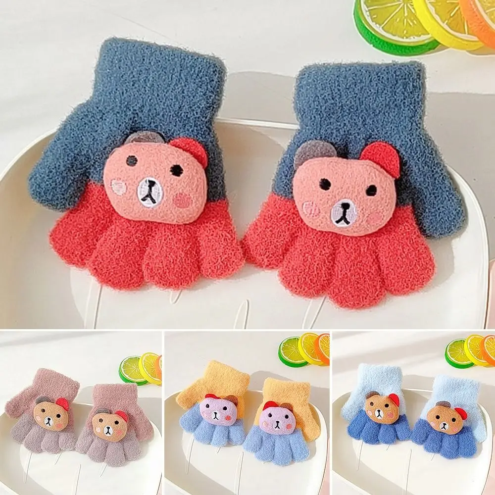 Baby Kids Warm Supplies Full Fingers Gloves Cartoon Bear Children Thickened Mittens For Boys and Girls Five Finger Gloves