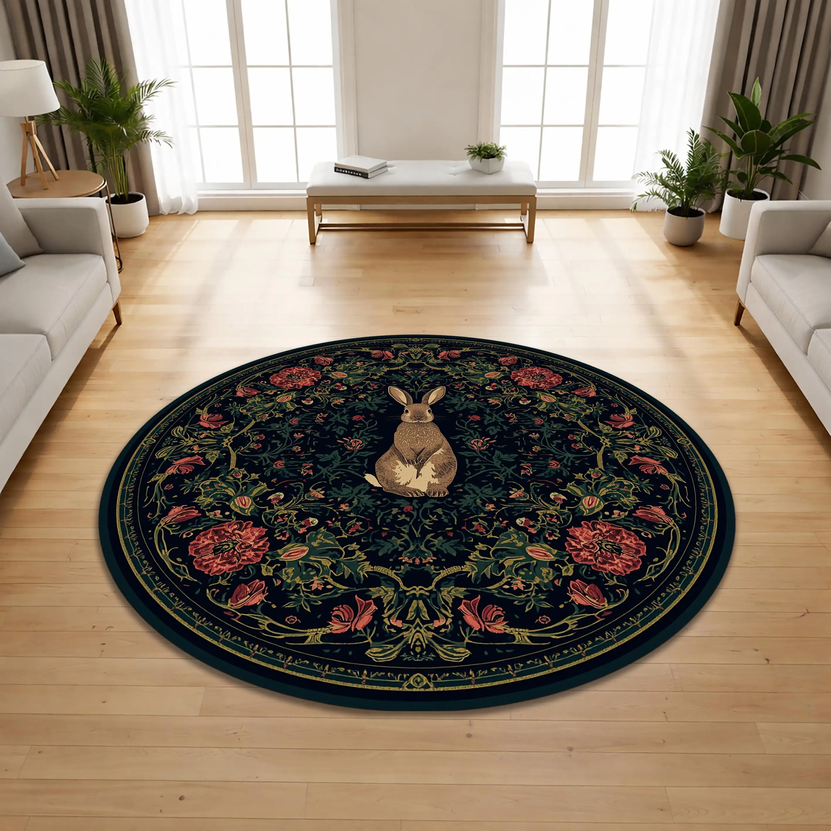 Dark Floral Rabbit Garden Art print Round Rug,Living Room Sofa,Bedroom,kitchen Room home decor Non Slip Rug Present