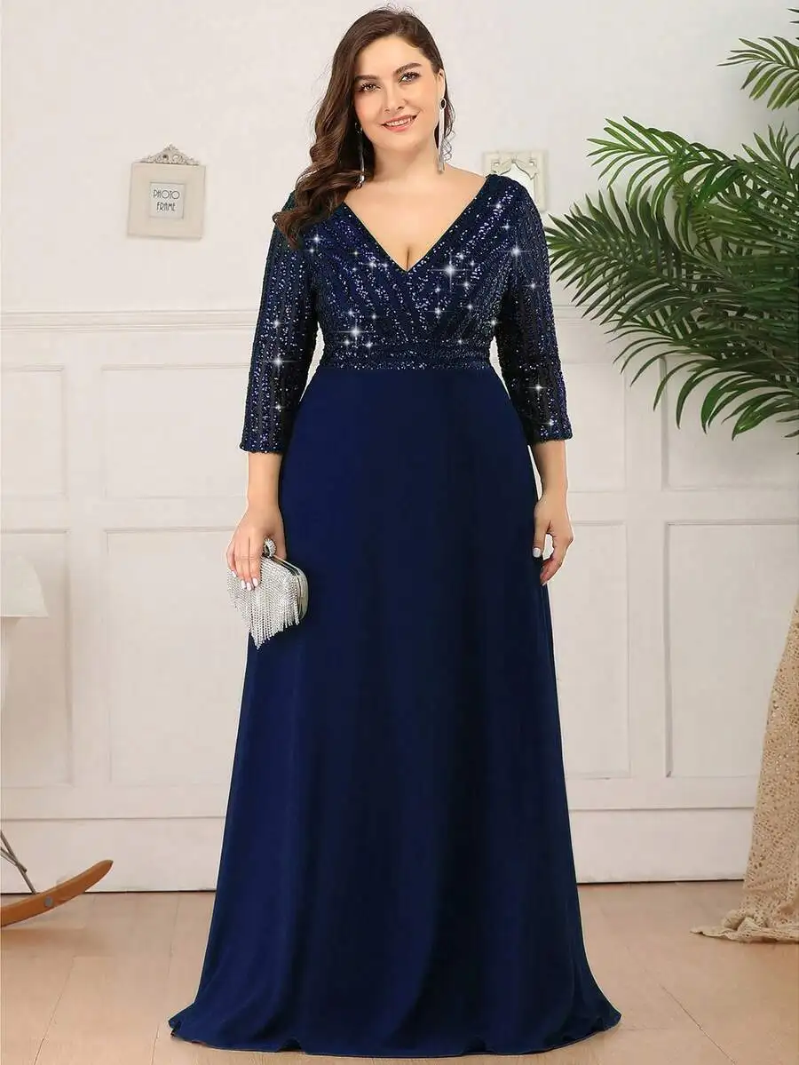

Navy Blue Plus Size V-Neck Sequin Chiffon Evening Gown with 3/4 Sleeves