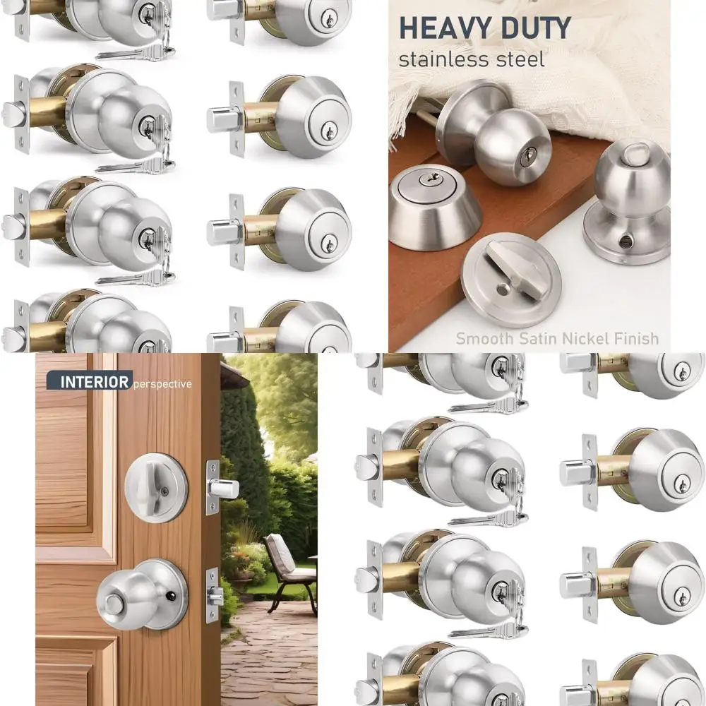 

Satin Nickel 4-Piece Keyed Entry Door Knob and Deadbolt Set, Keyed Alike, Exterior Knob and Lock with Round Lever Handle