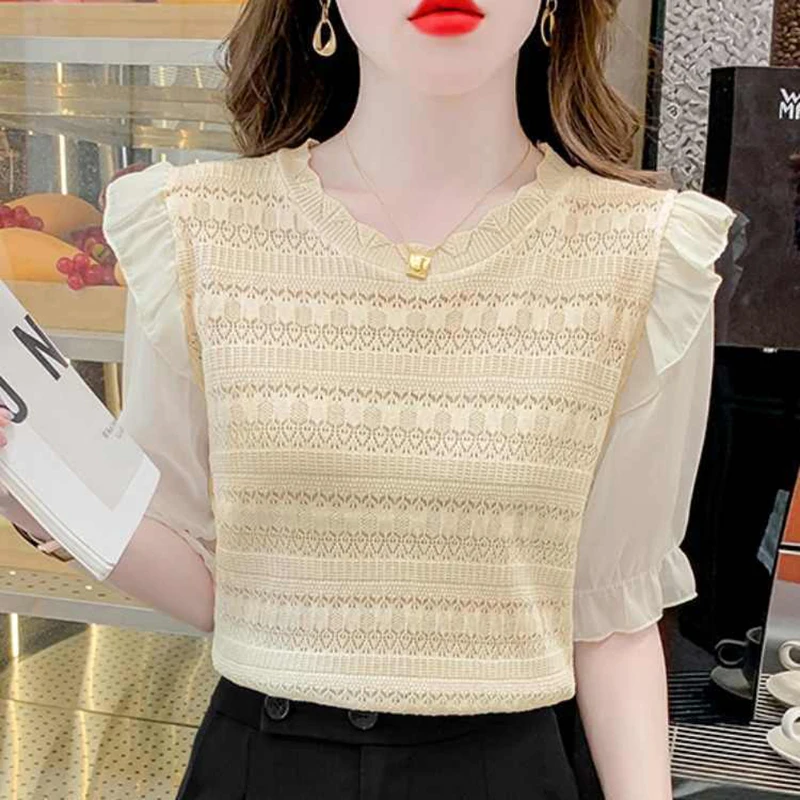 

Fashion O-Neck Ruffles Knitted Hollow Out Butterfly Sleeve Blouses Female Clothing 2024 Summer Loose Casual Tops Sweet Shirts