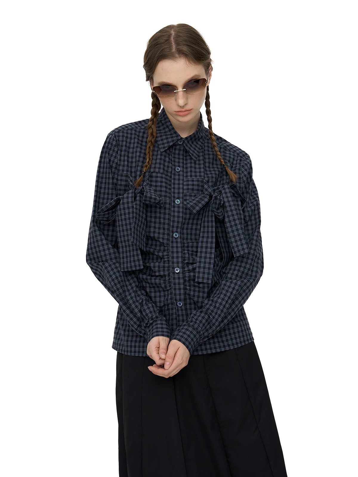 Autumn Women Harajuku Bow Chic Shirts Long Sleeve Plaid Blouses 2000s Aesthetic Blusas Top Design Japanese Y2k Streetwear Preppy