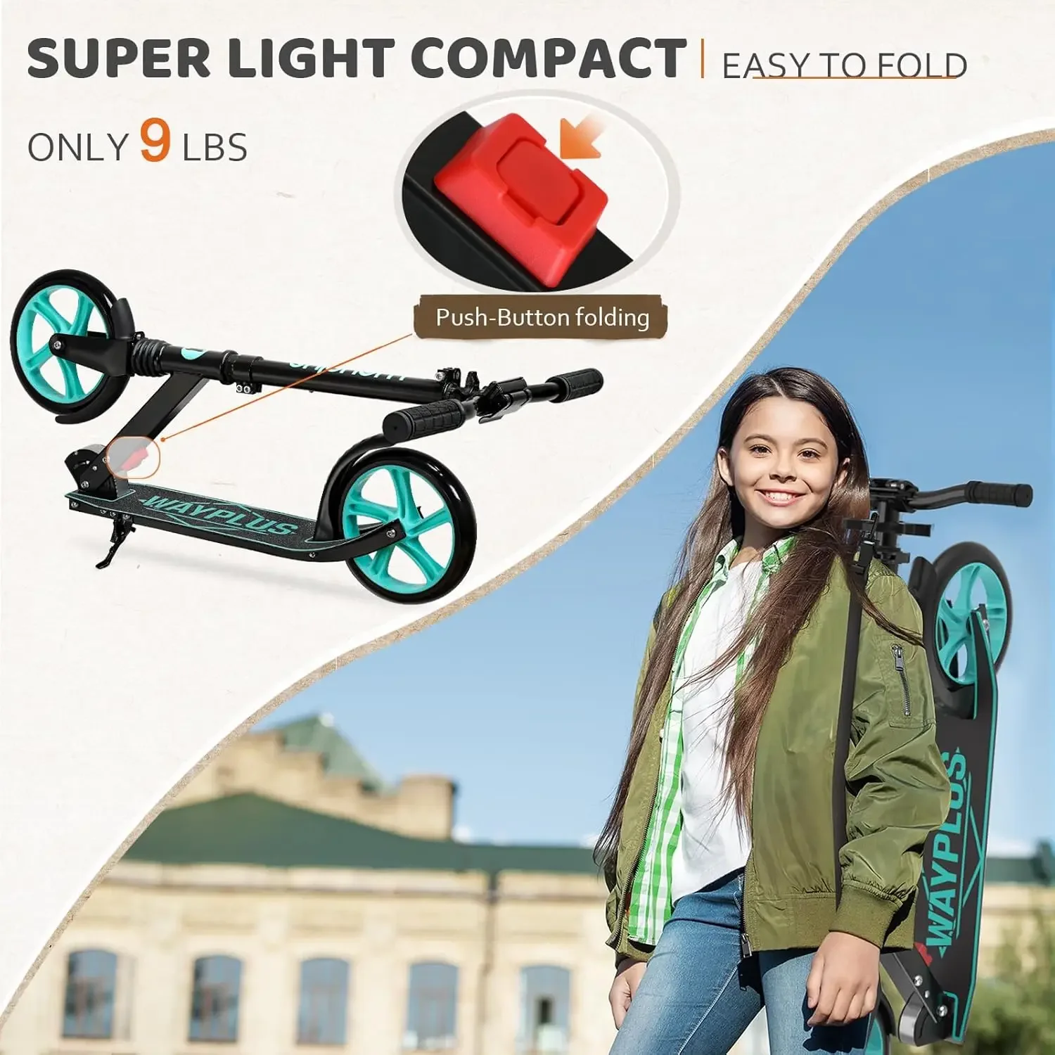 Kick Scooter for Ages 6+,Kid, Teens & Adults. Max Load 240 LBS. Foldable, Lightweight, 8IN Big Wheels for Kids, Teen and