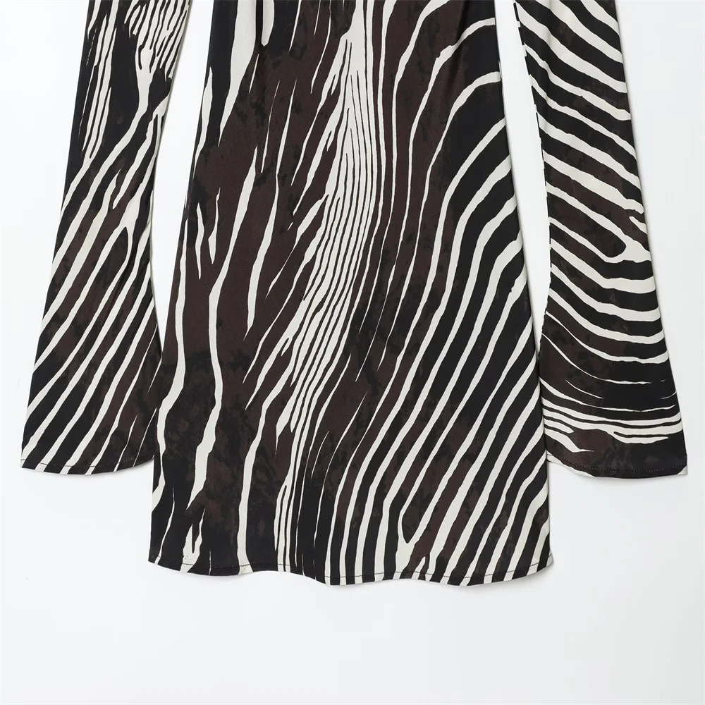 欧米風秋新作レディース服レトロ気質シンプルゼブラ柄フレアスリーブワンピース