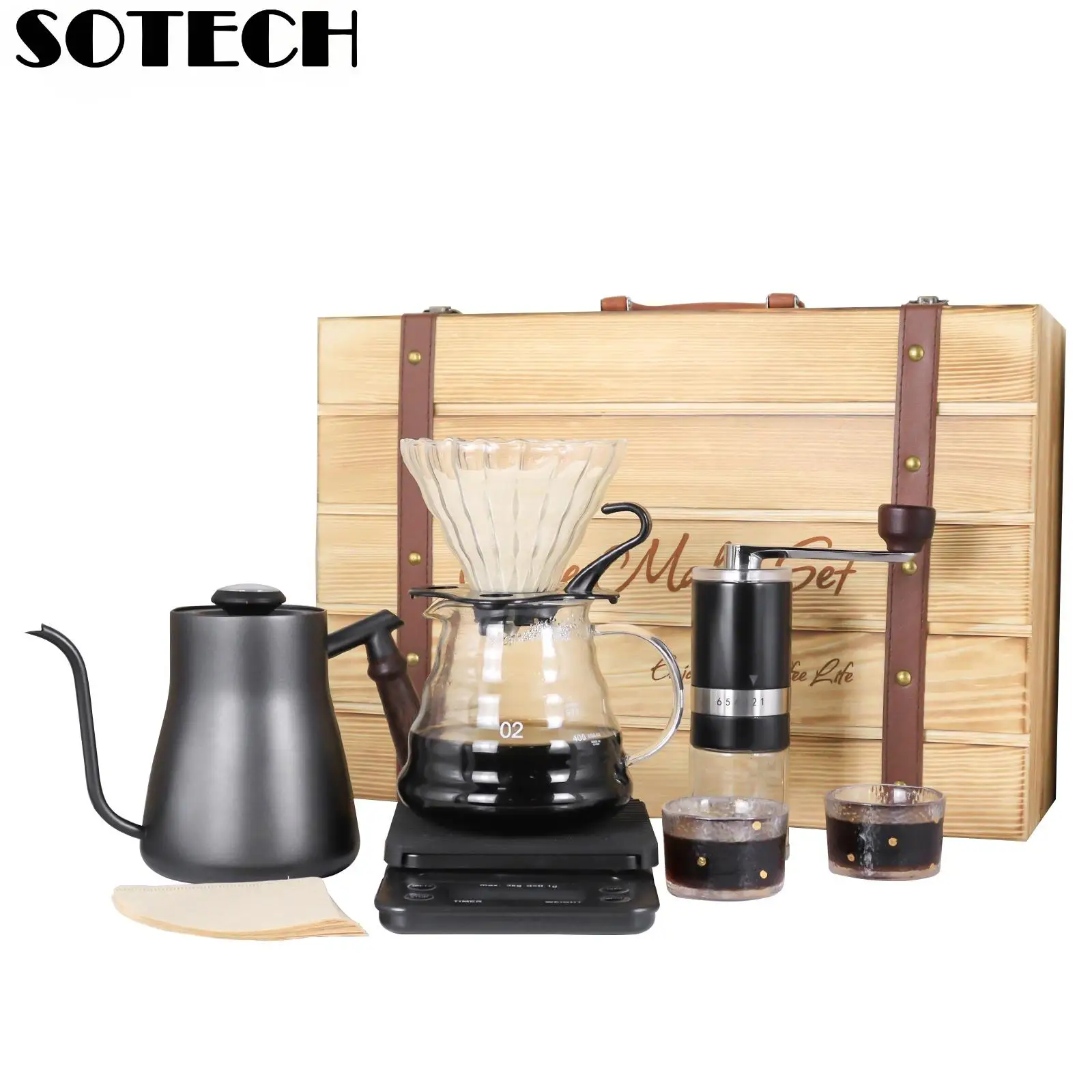 Coffee Set Pour Over Coffee Maker Set Wood Case Suit with Manual Grinder Kettle for Camping Hiking Outdoor Picnic Holiday Gift