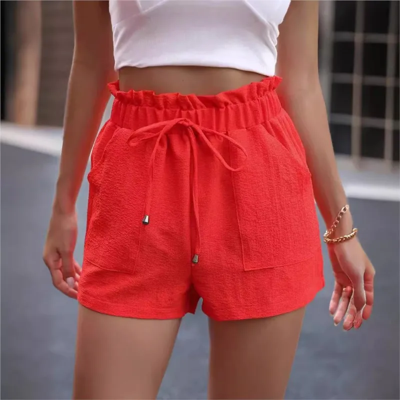 

Women's Solid Color Shorts 2024 Summer New Wood Ear Waist Diagonal Pocket Spliced Lace-up Casual Shorts Traf Pantalon