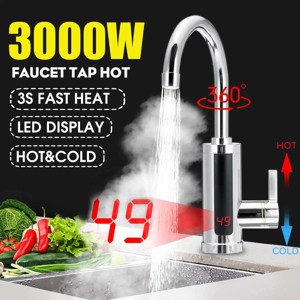 3000W Kitchen Faucet Electric Water Heater Tap Instant Hot Water Faucet Heater Heating Faucet Tankless Water Heater with LED