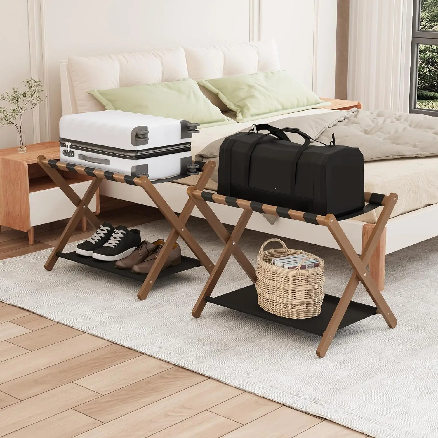 

Walnut Bamboo Luggage Rack Pack of 2, Foldable Suitcase Stand with Storage Shelf, Easily Assembled