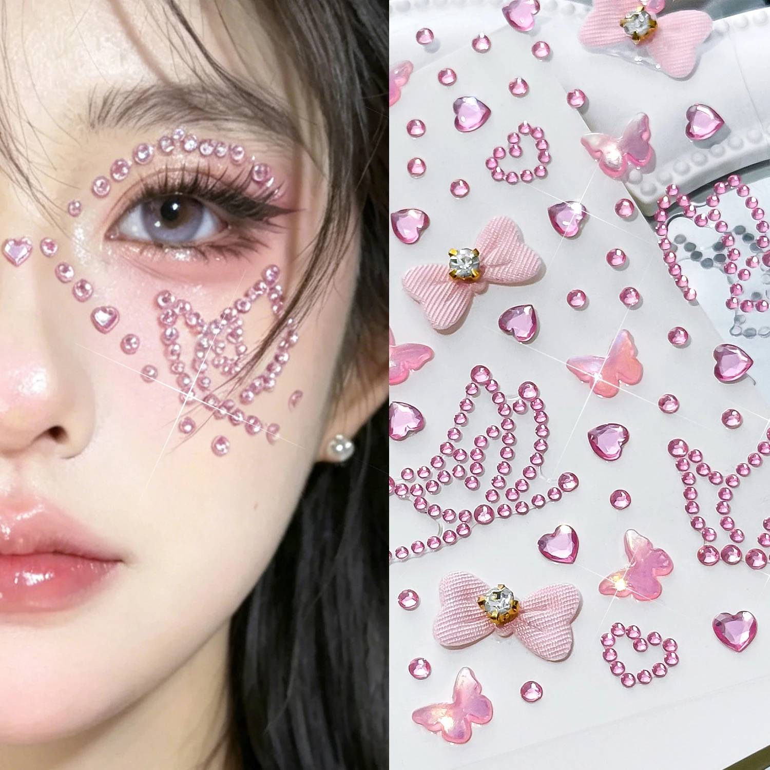 1Pcs 3D Butterfly Heart Bow Face Gem Stickers Self-Adhesive Rhinestone Tattoos Party Festival Eye Facial Body Makeup Gems Decals