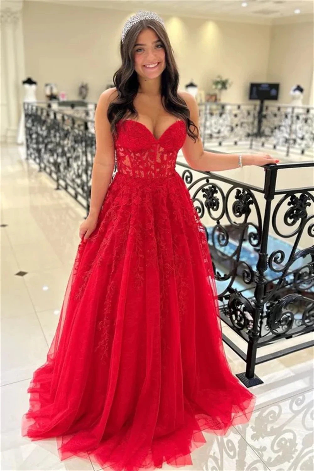 Jessica Sweetheart Red Prom Dresses Embroidered Tulle Bride Elegant Evening Dresses A-shape Cocktail Dresses Vestidos De Fiesta