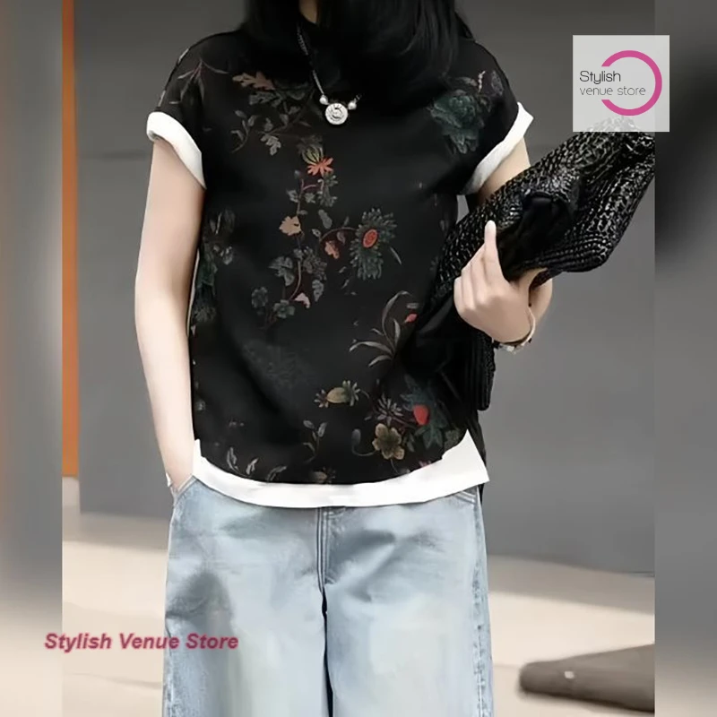 

Chinese retro fashion improved simple black printed top women's summer new temperament design round neck loose casual T-shirt