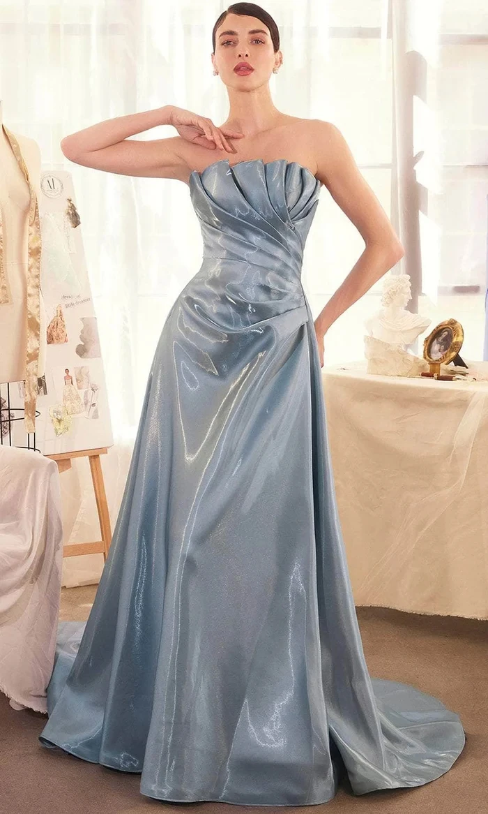 

Customized Gray A Line Evening Dresses Bright Satin Strapless Draped Ruched Formal Party Prom Gowns Special Occasion Dresses