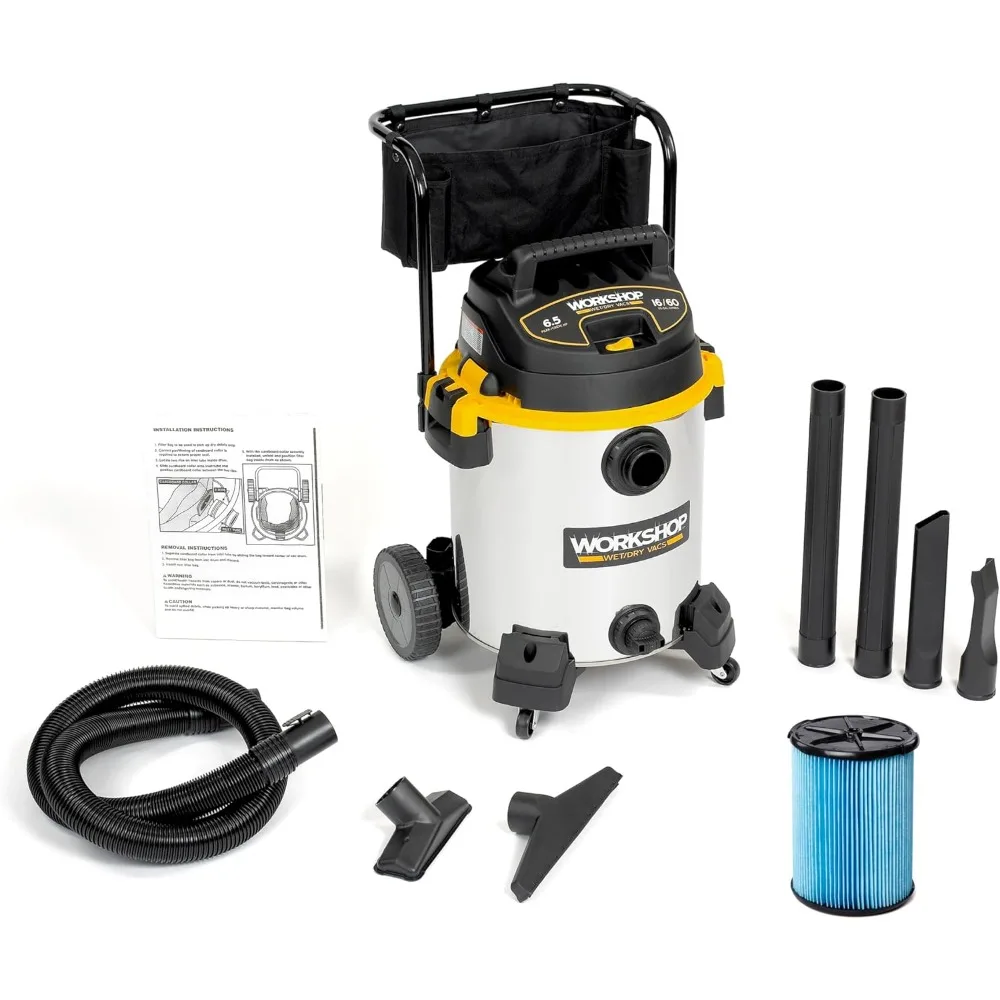 Aspirapolvere umido/secco in acciaio inossidabile da 16 galloni con potenza di picco da 6,5 HP e sistema di filtraggio