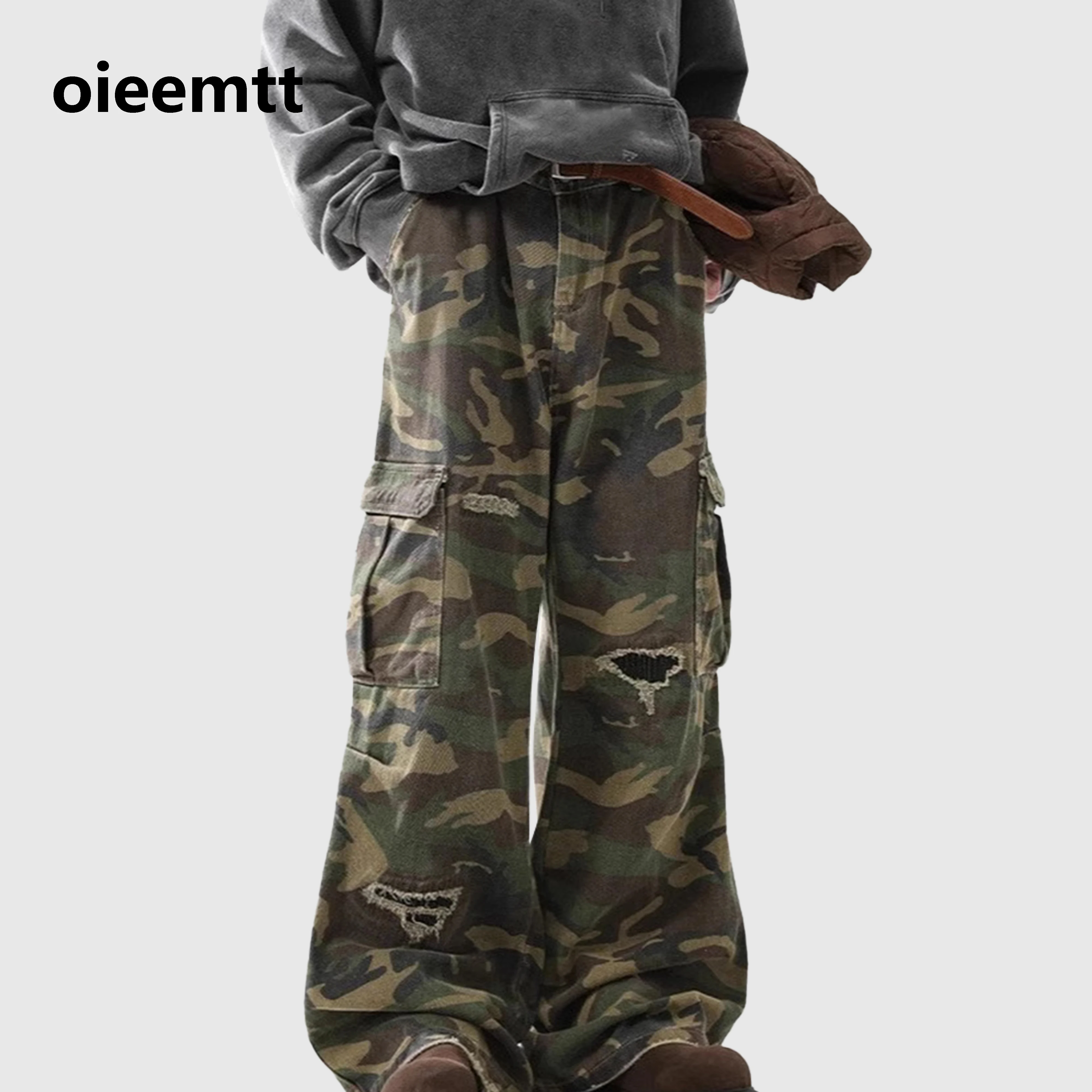 100%cotton Camo Vintage Distressed Ripped Hole Wide Leg Trousers Casual Camouflage Cargo Pants Side Pocket Long Pants for Unisex
