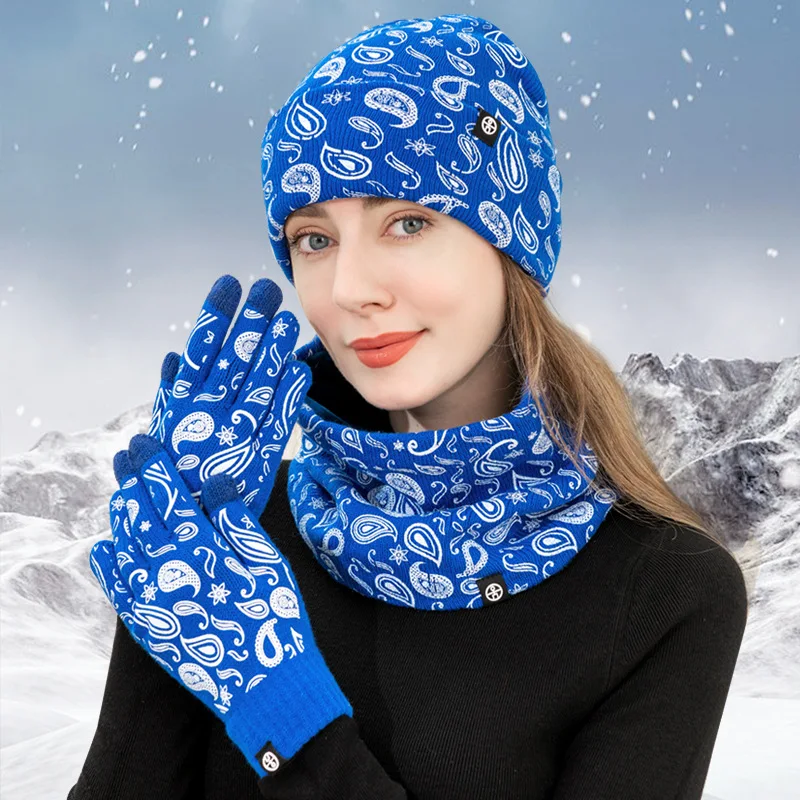 Uomo donna autunno inverno fiore di anacardi cappello di lana sciarpa guanti 3 set di cappello lavorato a maglia stampato colorato alla moda Gorros De Invierno