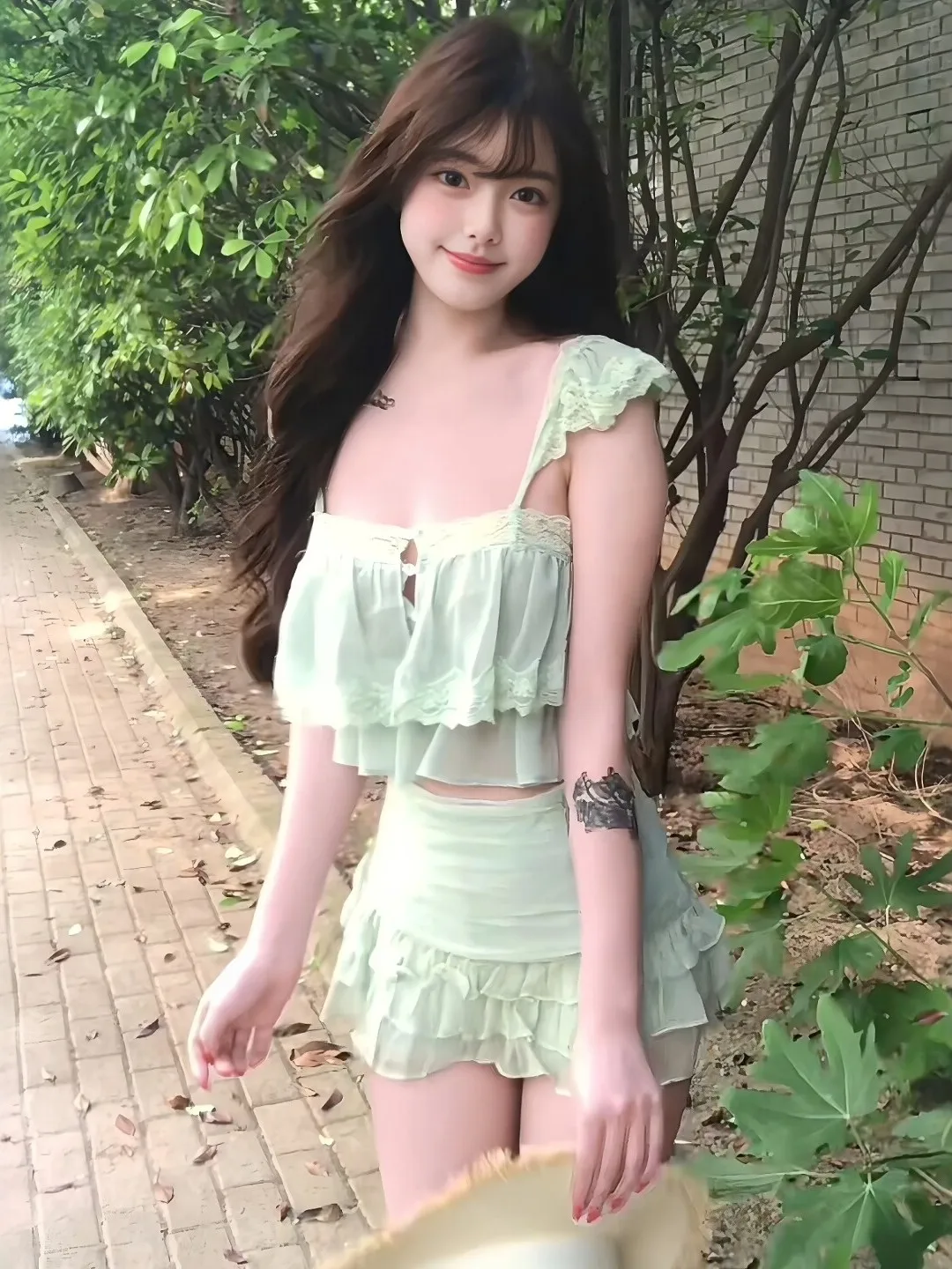 

Sweet Style Mint Green Halter Top Skirt Set Women Summer New Pure Girl Feeling Youthful Two-Piece Set Breathable Short Sleeve