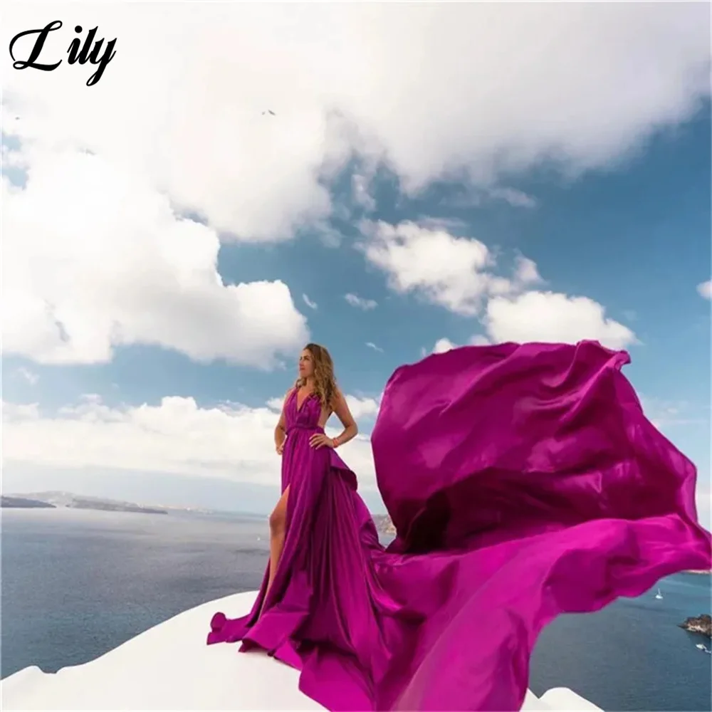 Lily Fuchsia V Neck Formal Dresses Stain Side Split Party Dress For Wedding Spaghetti Strap Special Occasion Dresses Customized