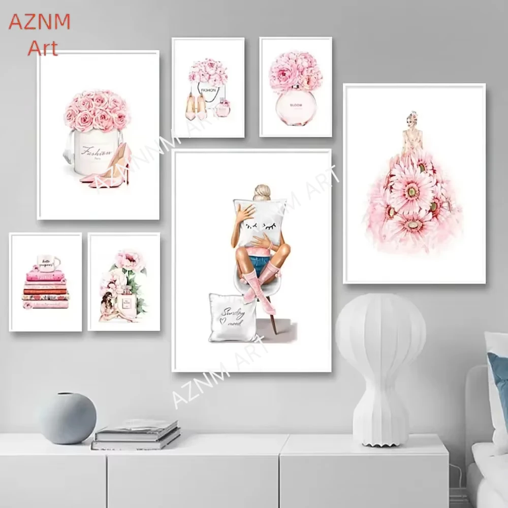 Canvas Painting Nordic Fashion Beauty High Heels Perfume Bottle Flower Poster Decoration Mural Home Living Room Wall Art Deco