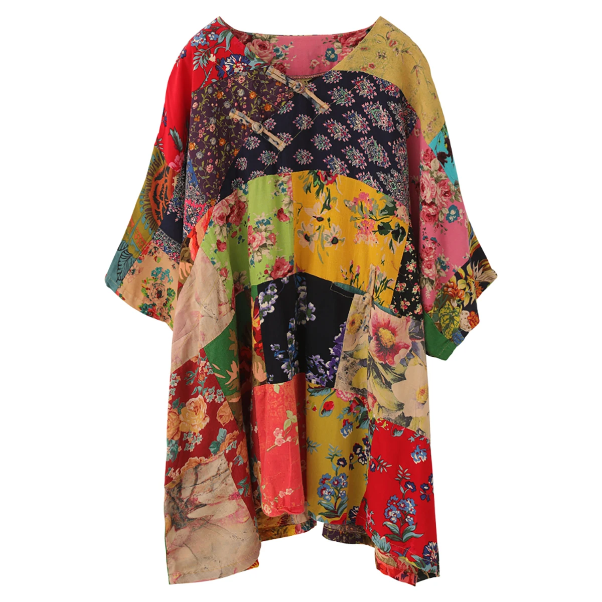 LZJN Top estivo ampio in puro cotone patchwork con camicia unica a maniche corte girocollo in stile etnico stampato di grandi dimensioni