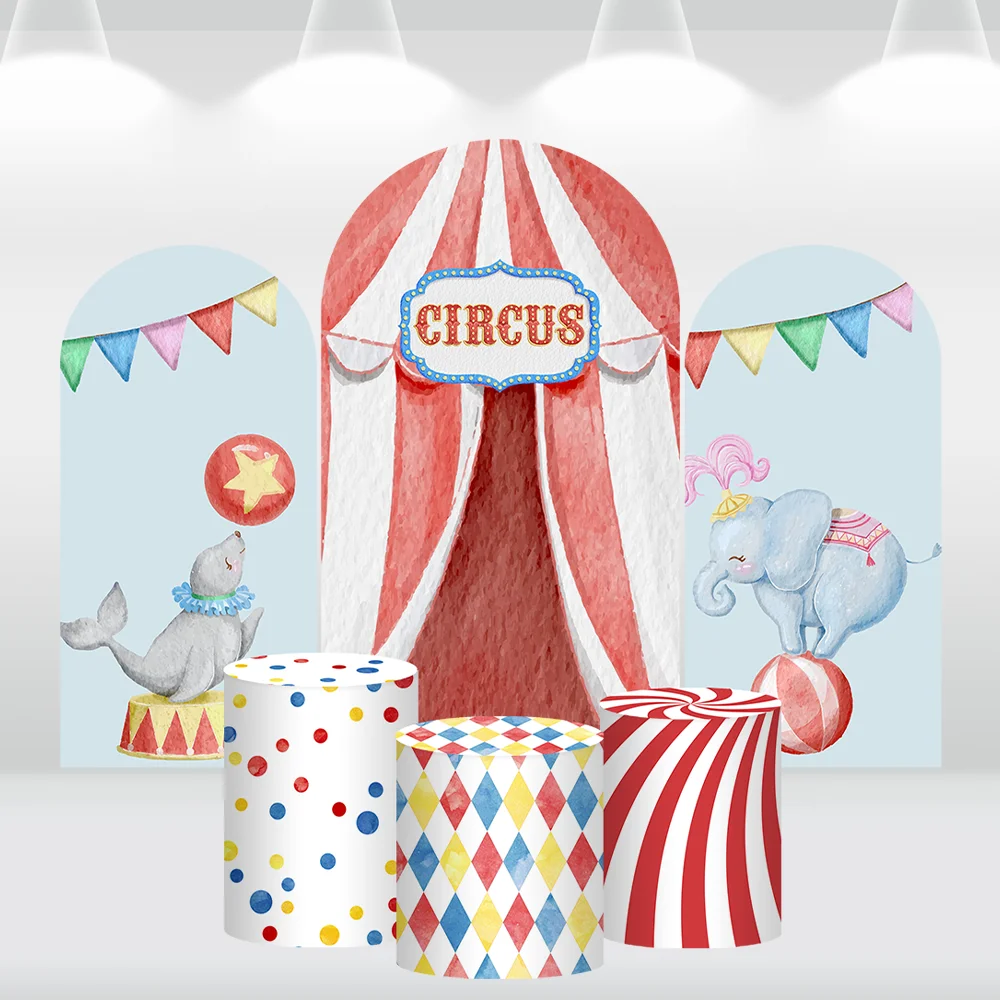 

Kids Carnival Party Decoration Red Circus Tent Arch Cover Backdrop Animals Baby Shower Background Cake Table Cylinder Covers