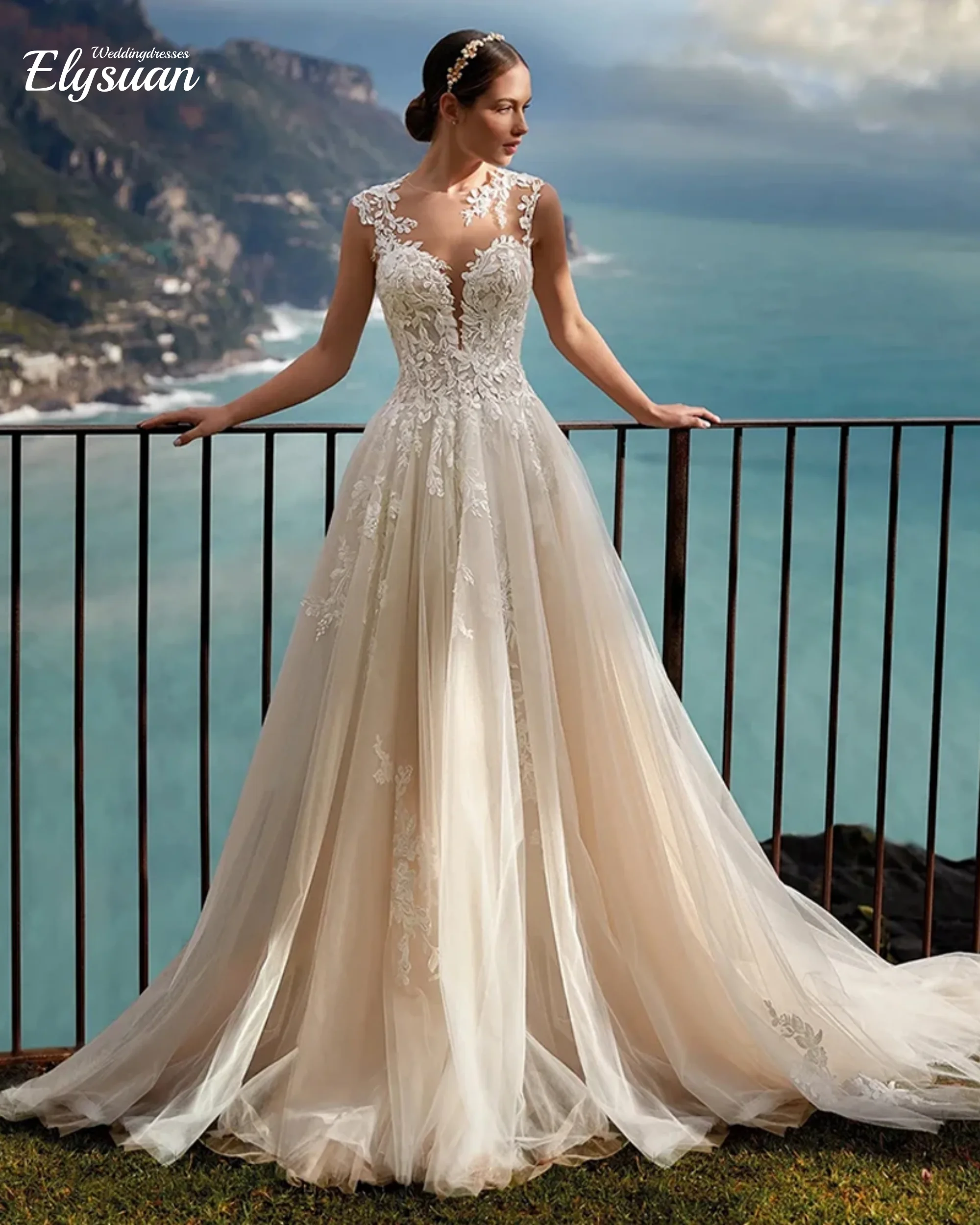 

Свадебное платье цвета шампанского по индивидуальному заказу, свадебное платье в стиле бохо, с короткими рукавами и аппликацией, иллюзия сзади, тюль, трапециевидное платье невесты, халат Mariee Swe