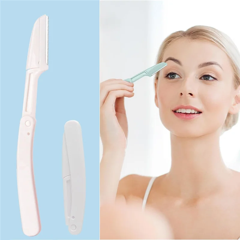 【شعبية】ماكينة حلاقة للوجه للنساء، أدوات تخزين قابلة للطي، شفرات حواجب لإزالة شعر الوجه للنساء والرجال أثناء السفر، أداة تجميل