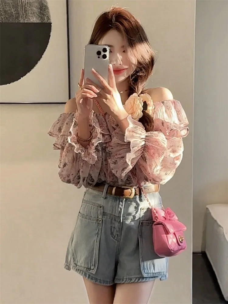 Design Sense Niche Shirt Women 2024 Spring And Summer New Fashion Ruffled Long-sleeved One-shoulder Top For Women