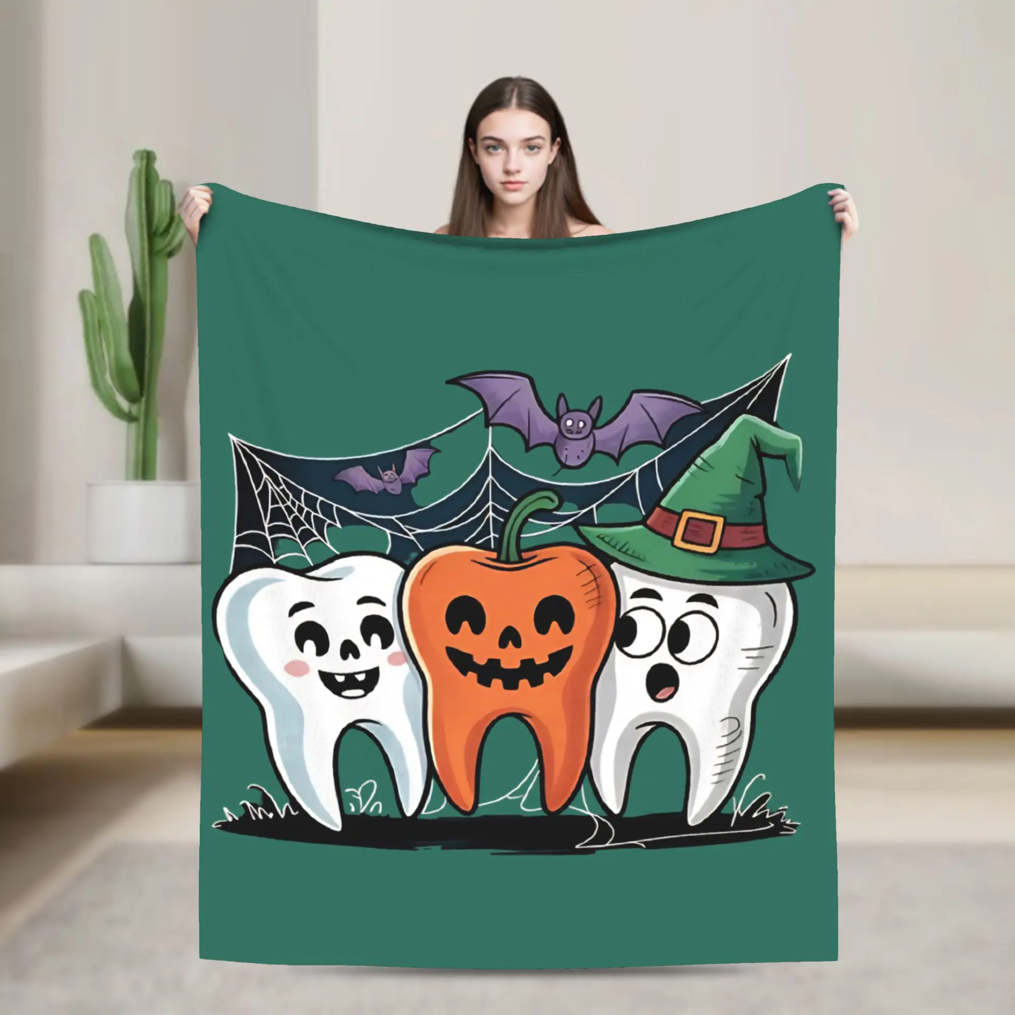 Trick Or Treat Dentist   Plush Blankets Cartoon Teeth Helloween Custom Throw Blankets for Home 125*100cm Rug Piece,