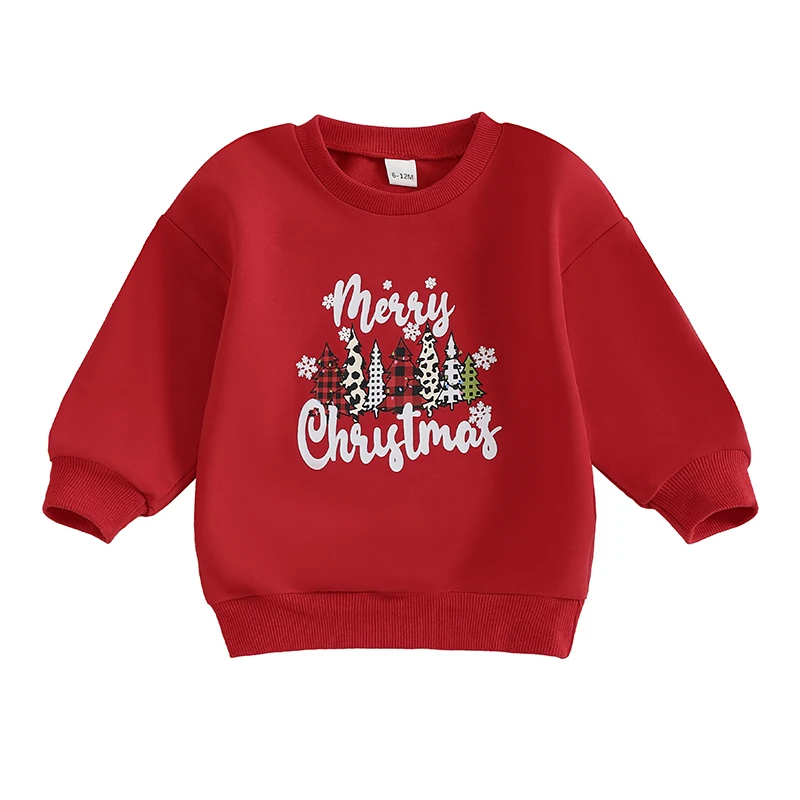 

Infant Unisex Holiday Sweaters with Long Sleeves and Round Neckline Featuring Festive Lettering and Christmas Tree Design