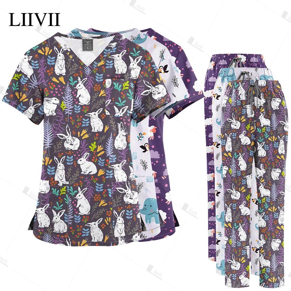 

Surgical Uniforms Woman Men Printed Nursing Set Pockets Top Straight Pant Hospital Clinical Suits Medical Uniform Scrubs Clothes