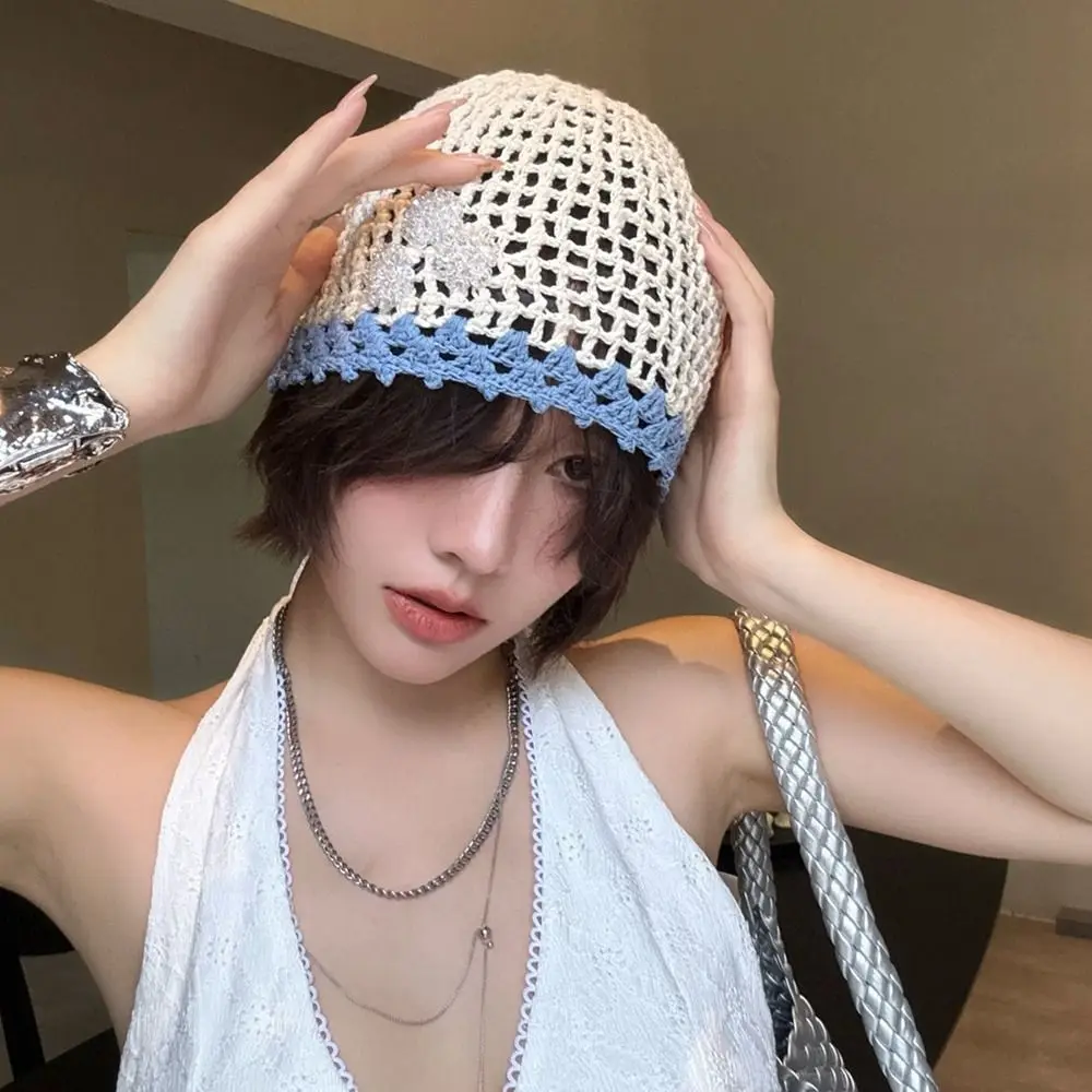 

Sweet Handmade Crochet Flower Hat Thin Korean Beanies Hat Bohemian Style Ethnic Style Hollow Out Knitted Hat Outdoor
