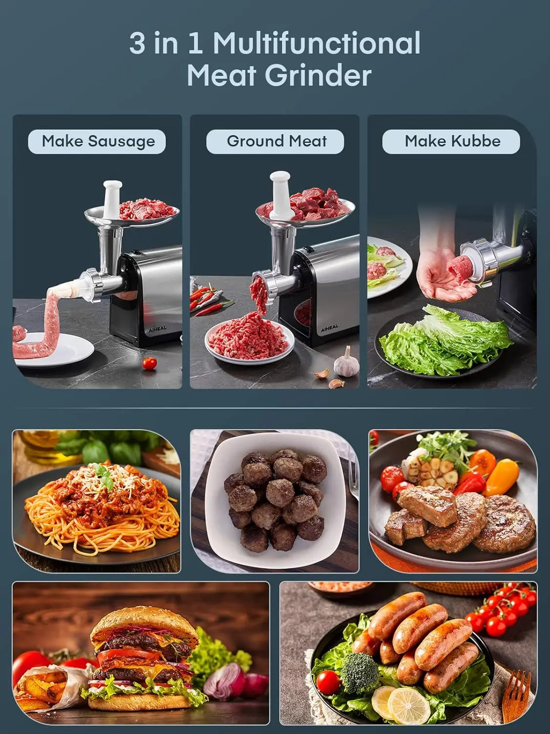 

Electric Meat Grinder, Sausage Stuffer with 3 Sausage Tubes, 2 Blades, 3 Plates, Meat Grinder Heavy Stainless Steel (Black)