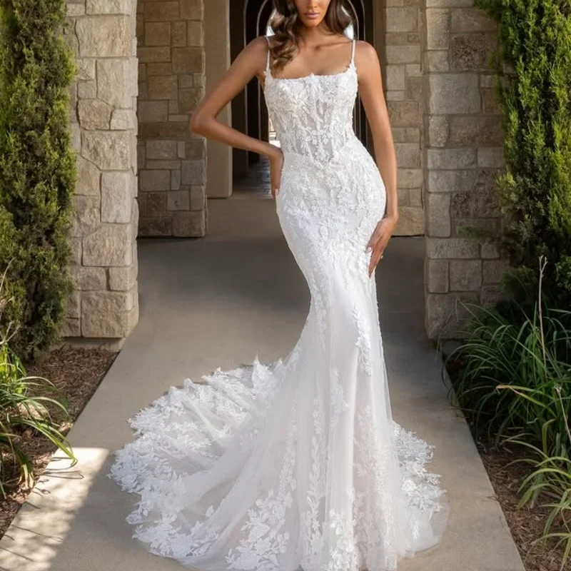 

Customized white Spaghetti Appliques Wedding Dresses string of Lace Mermaid Skirt Bridal Gowns Made Dress