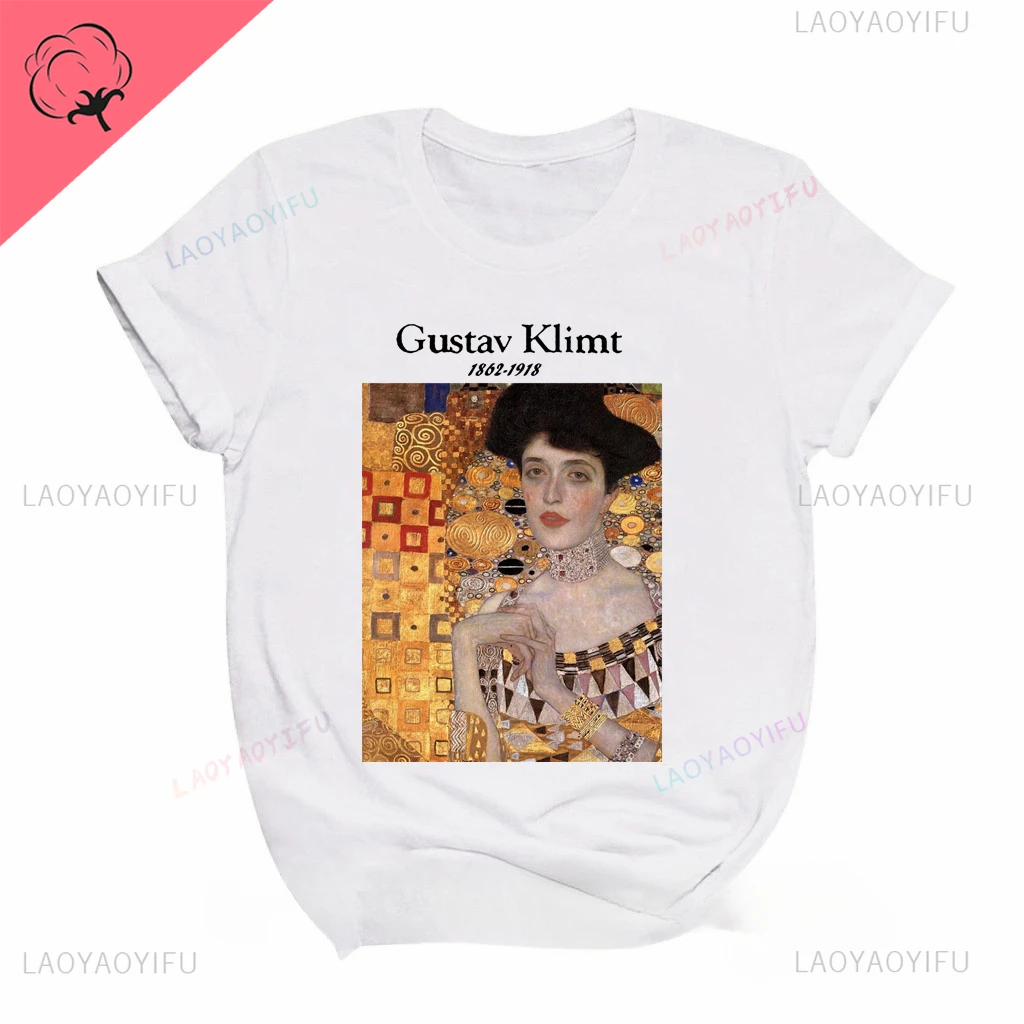 Gustav Klimt letterprint Chic Harajuku pattern Art oil painting Fashion trend Casual short sleeved summer feminine male T-shirt