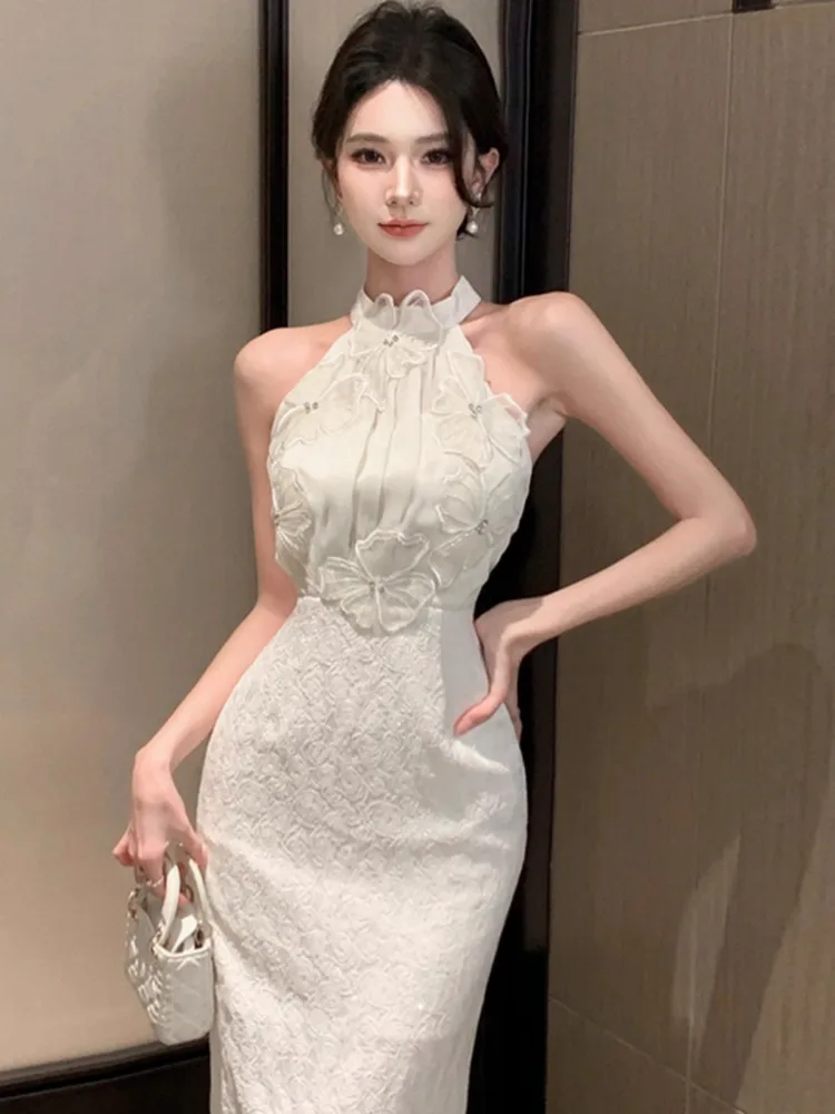 Topenomi Luxury Halter Flowers Banquet Party Dress Women French Sexy High Waist Slim Fit Evening Gown Elegant Cocktail Dresses