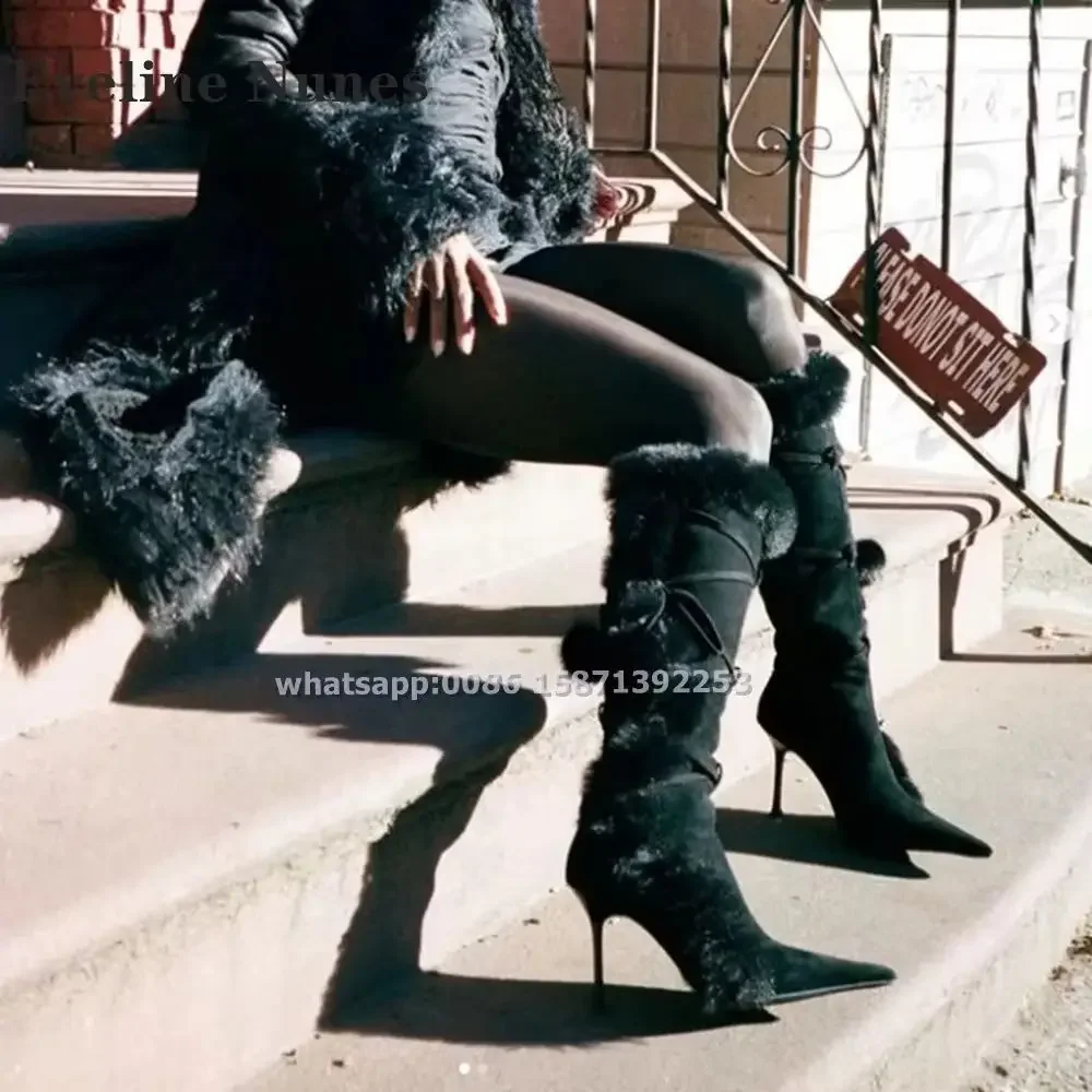 

Сапоги до колена на шпильке из искусственного меха с запахом, кружевные меховые украшения, черные сексуальные современные ботинки, роскошная обувь для пикантных девушек в стиле ретро