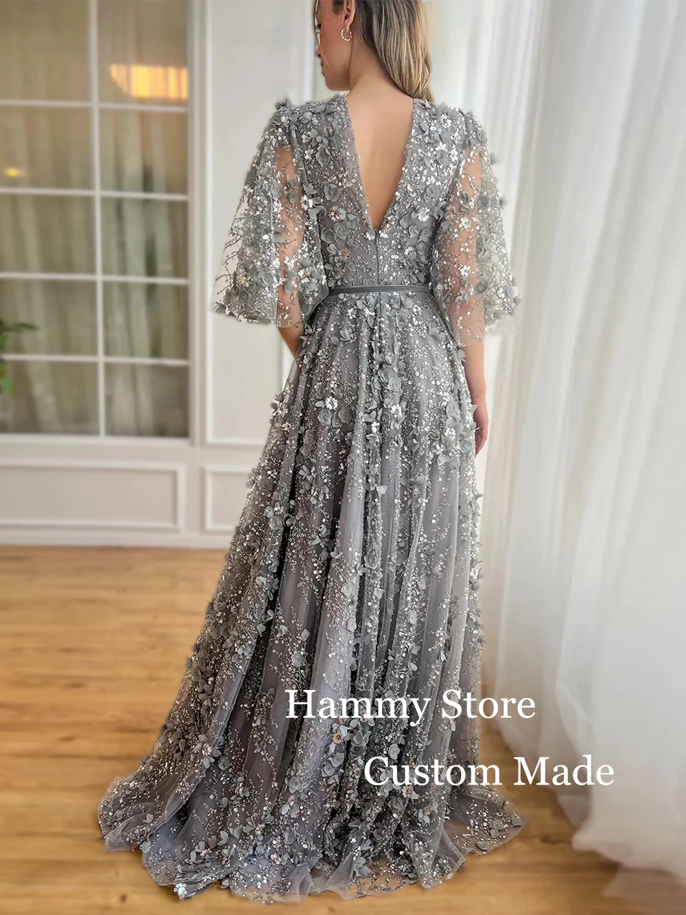 Grey Evening Dress Customized Luxury V Neck Beading Sequined Flower A Line Special Occasion Dresses Shinny Prom Gown for Party